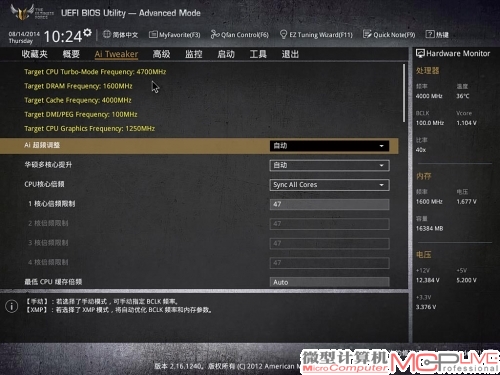 通过主板Bios内置的Ai Tweaker功能，玩家就可对各种电压、频率进行调校。自动超频模式下，我们轻易将CPU频率超频到4.7GHz。
